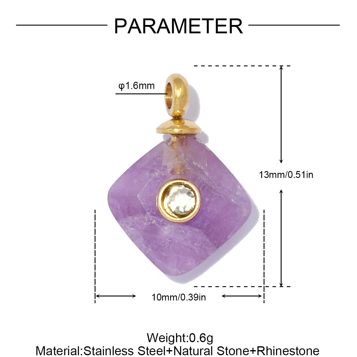 6pcs/pack French Stainless Steel Natural Stone Geometric DIY Charm Square Amethyst Necklace Pendant Woman Rhinestone Jewelry