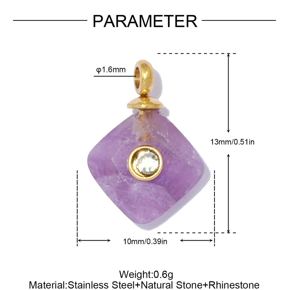 6pcs/pack French Stainless Steel Natural Stone Geometric DIY Charm Square Amethyst Necklace Pendant Woman Rhinestone Jewelry