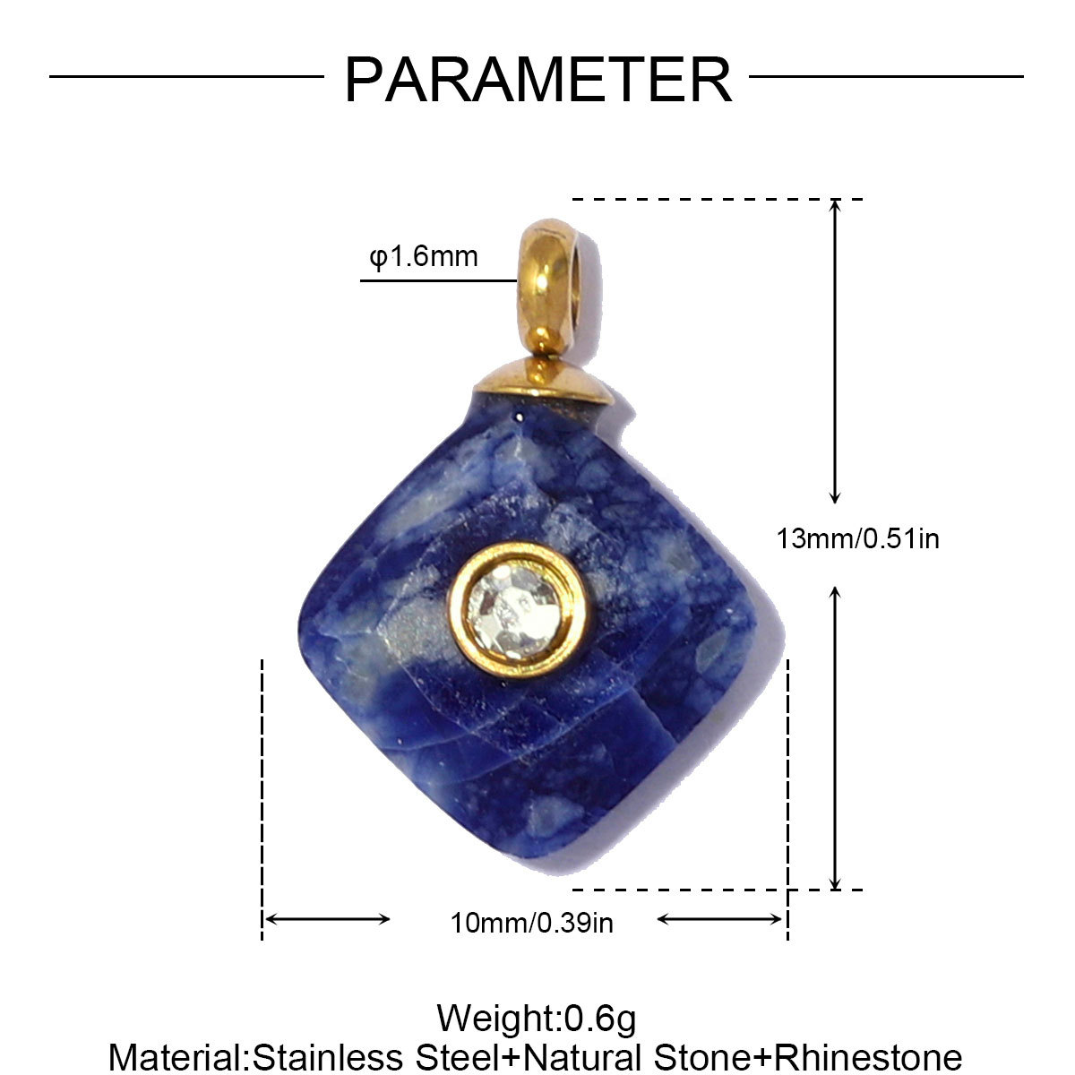 6pcs/pack French Stainless Steel Natural Stone Geometric DIY Charm Square Amethyst Necklace Pendant Woman Rhinestone Jewelry