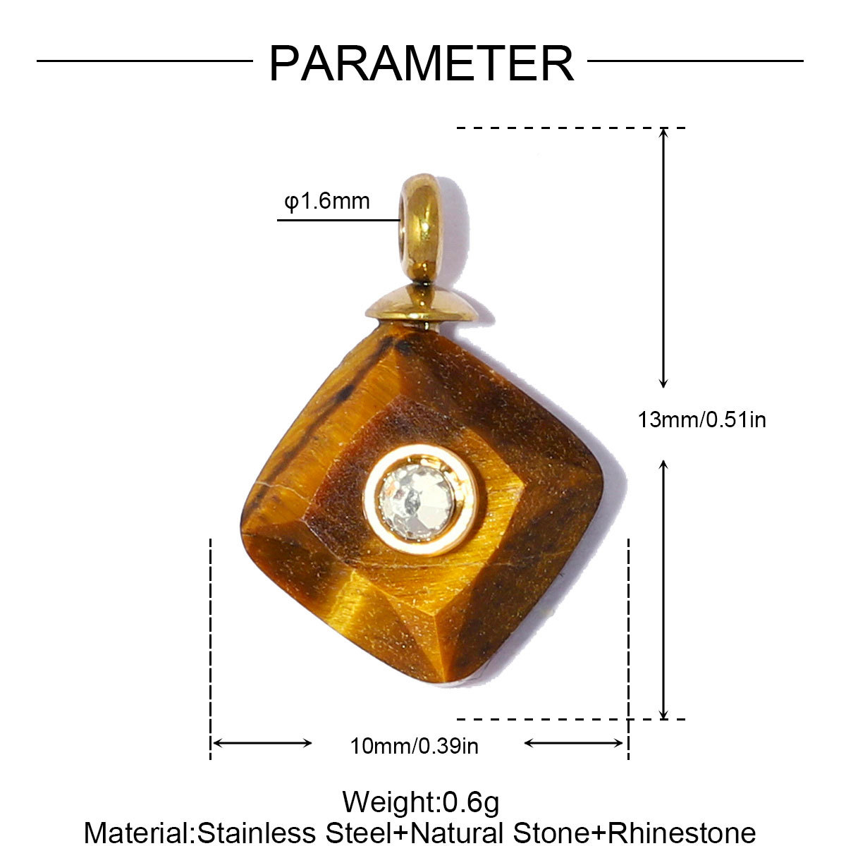 6pcs/pack French Stainless Steel Natural Stone Geometric DIY Charm Square Amethyst Necklace Pendant Woman Rhinestone Jewelry