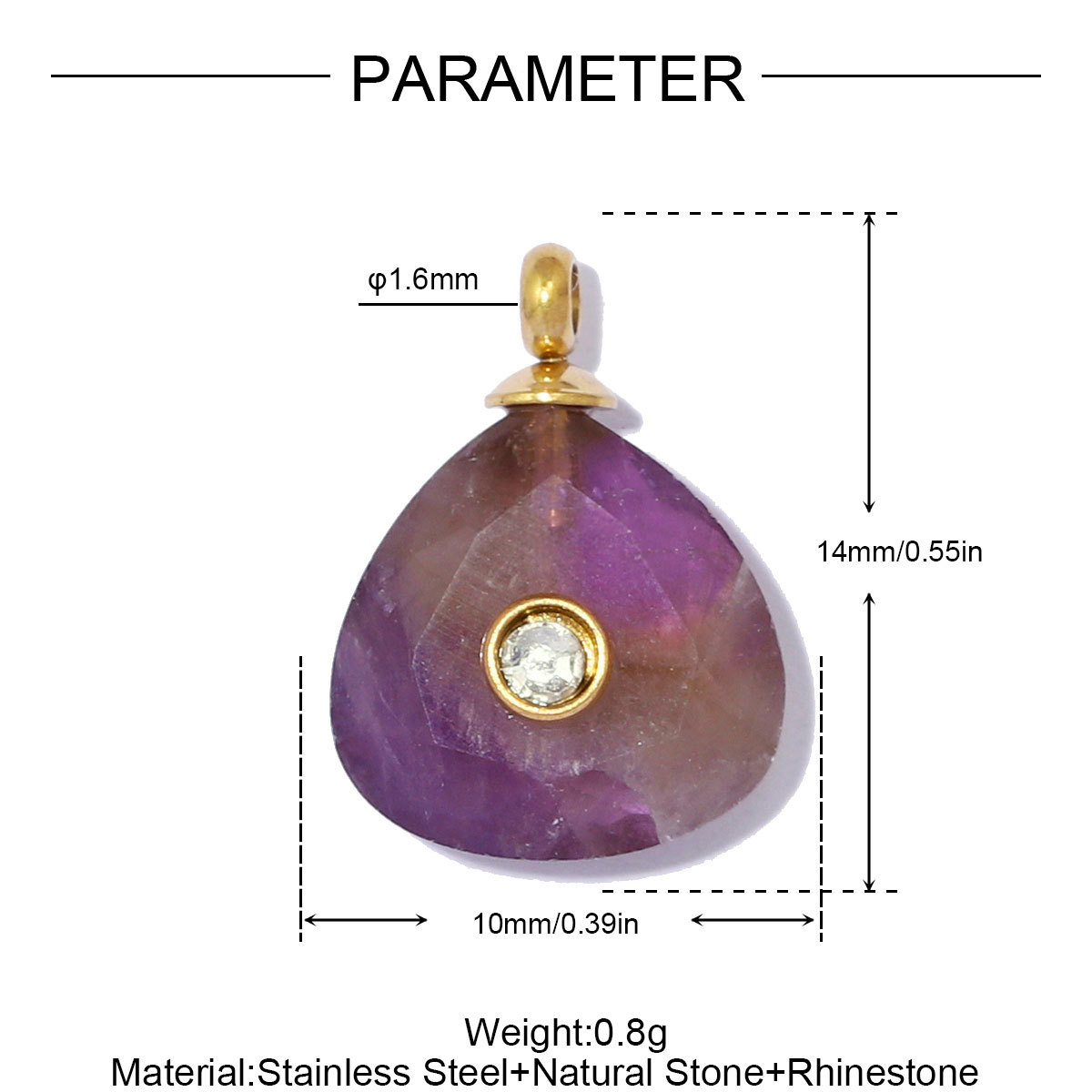 6pcs/pack French Stainless Steel Natural Stone Geometric DIY Charm Square Amethyst Necklace Pendant Woman Rhinestone Jewelry