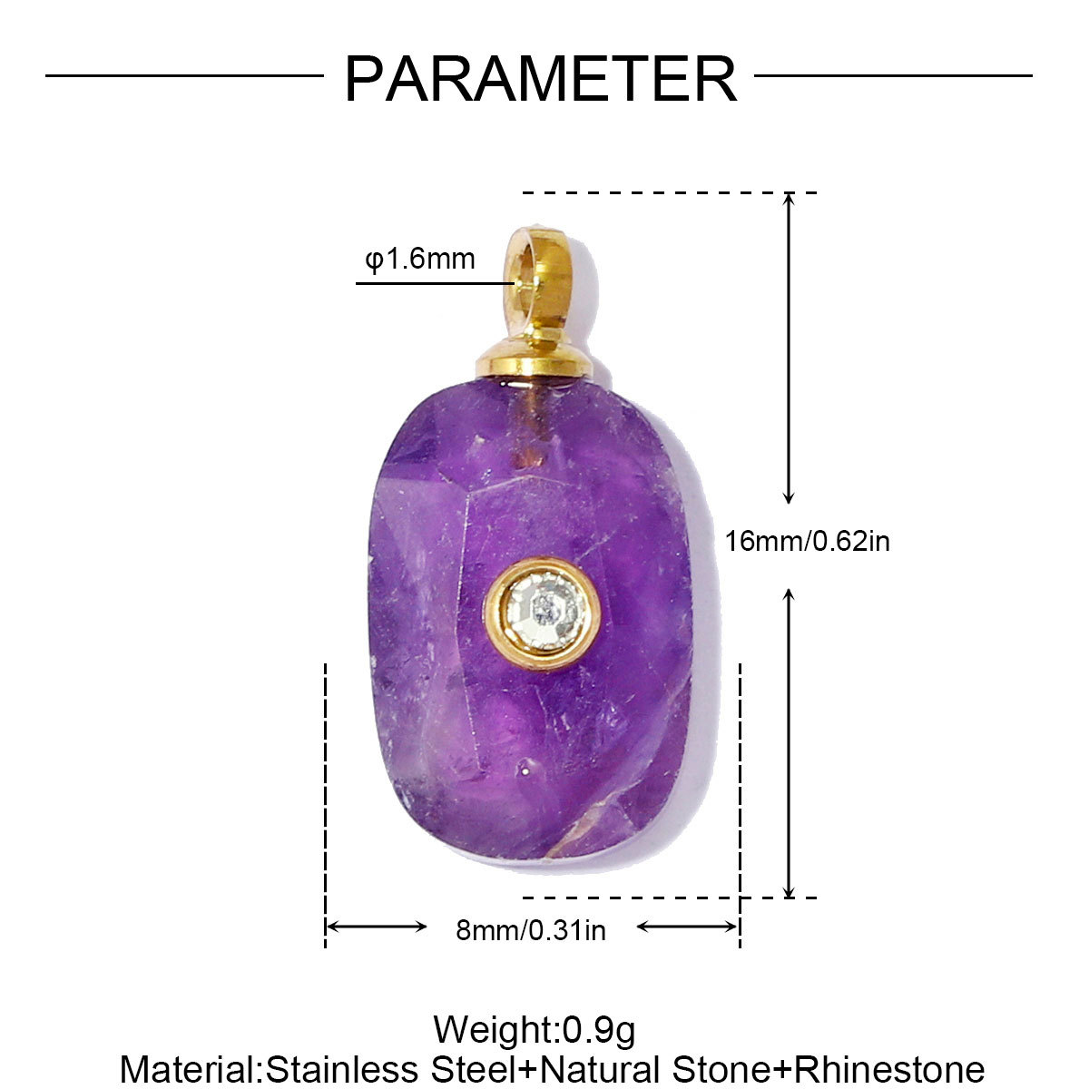 6pcs/pack French Stainless Steel Natural Stone Geometric DIY Charm Square Amethyst Necklace Pendant Woman Rhinestone Jewelry