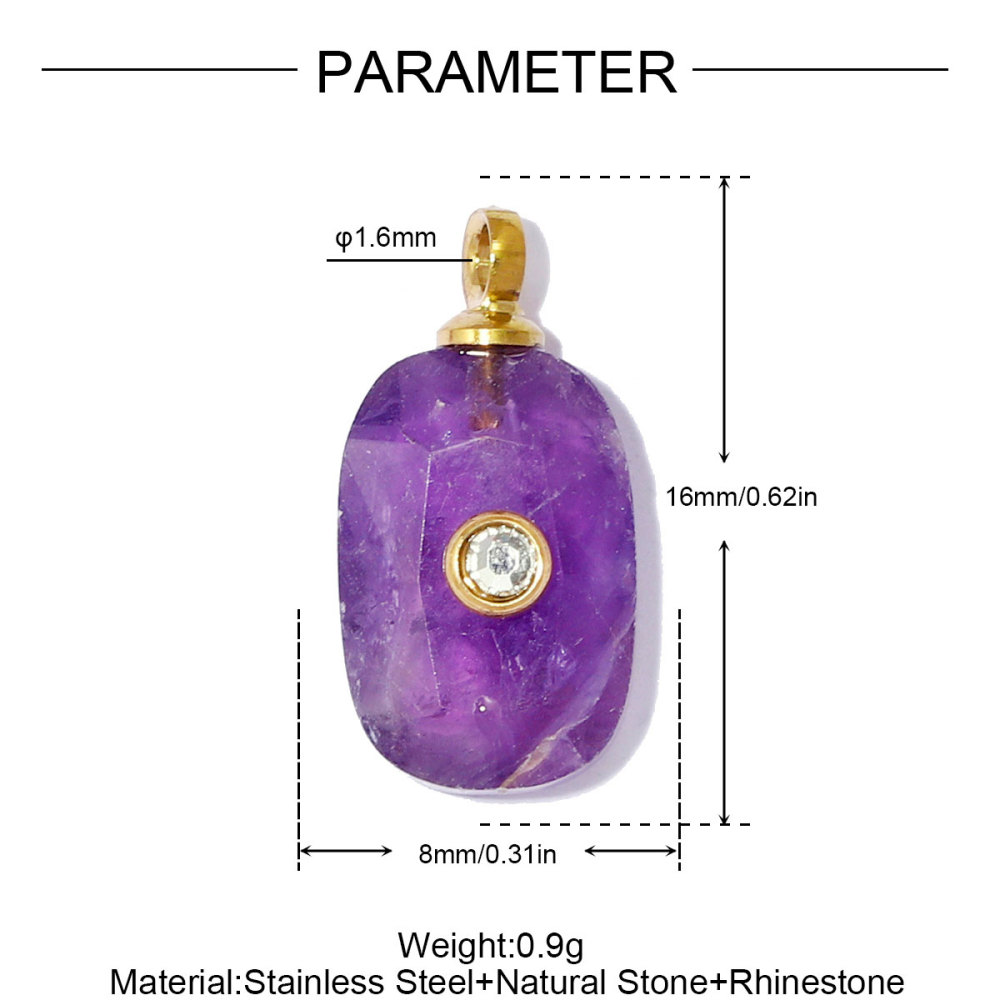 6pcs/pack French Stainless Steel Natural Stone Geometric DIY Charm Square Amethyst Necklace Pendant Woman Rhinestone Jewelry