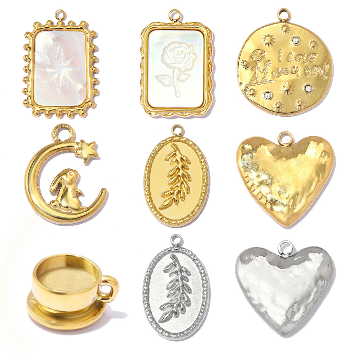 6pcs/pack Stainless Steel Shell Star Rose DIY Charms Coffee Cup Heart Necklace Pendant Woman Rabbit Moon Star Jewelry Wholesale