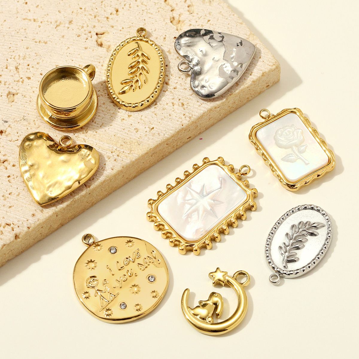 6pcs/pack Stainless Steel Shell Star Rose DIY Charms Coffee Cup Heart Necklace Pendant Woman Rabbit Moon Star Jewelry Wholesale