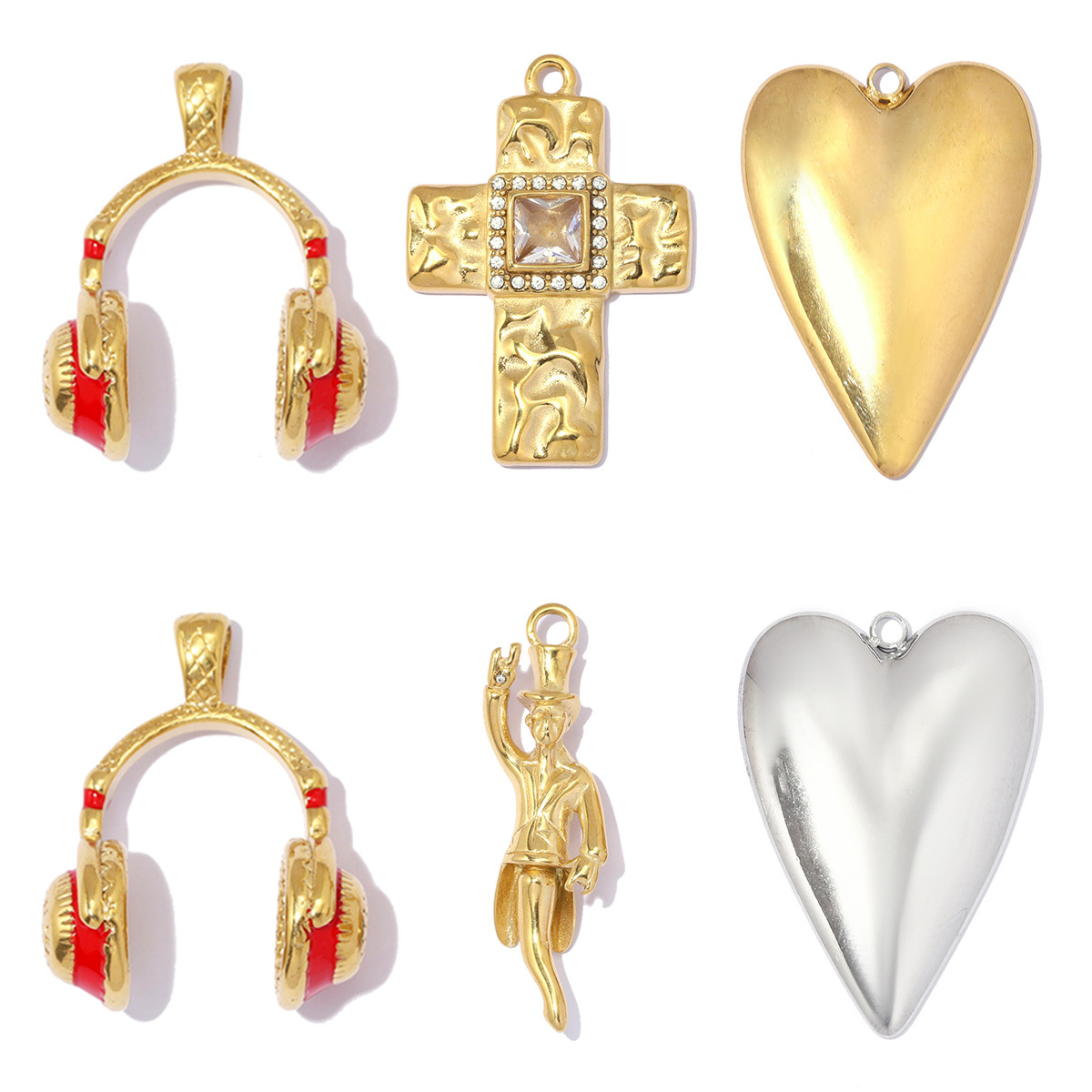 6pcs/pack Stainless Steel Enamel Headset DIY Earring Charm Magician Heart Necklace Pendant Woman Zircon Cross Jewelry Wholesale