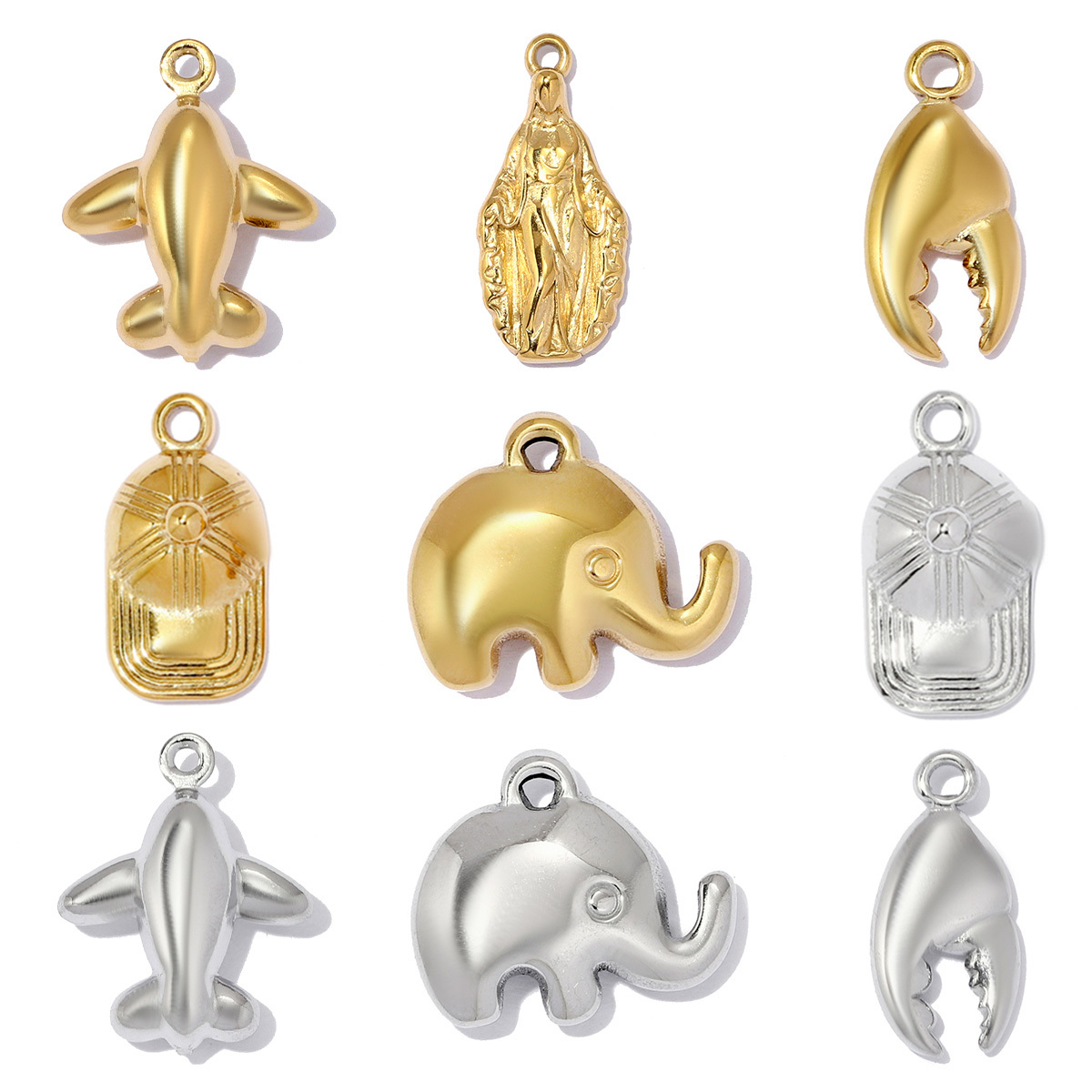 6pcs/pack Stainless Steel Baseball Cap DIY Earring Charms Elephant Airplane Necklace Pendant Woman Holy Mother Jewelry Wholesale