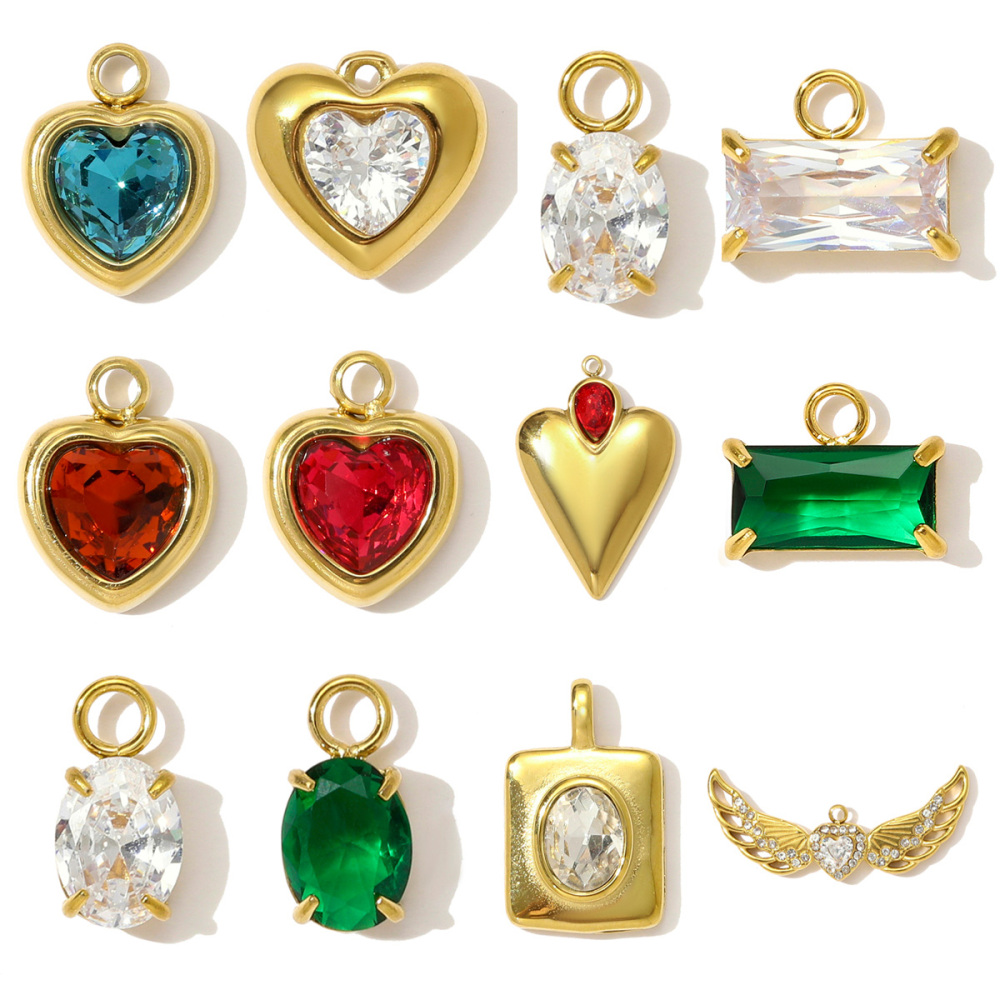 6pcs/pack Mirror Polish Stainless Steel Heart Angel Wing Necklace Pendant Rhinestone Heart Flower DIY Charm Women Geometric Jewelry