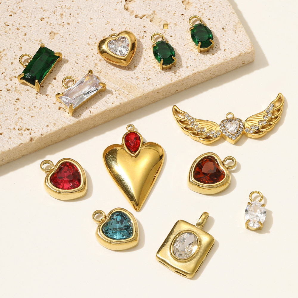 6pcs/pack Mirror Polish Stainless Steel Heart Angel Wing Necklace Pendant Rhinestone Heart Flower DIY Charm Women Geometric Jewelry
