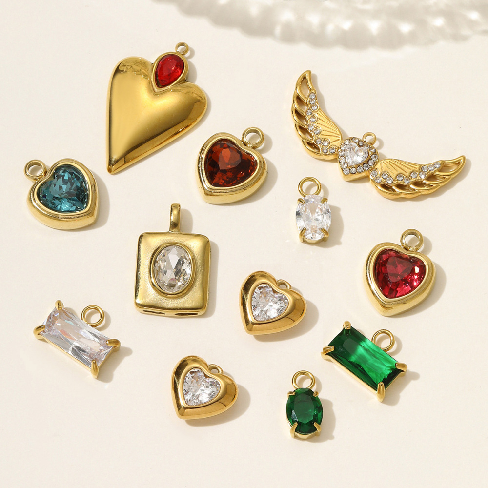6pcs/pack Mirror Polish Stainless Steel Heart Angel Wing Necklace Pendant Rhinestone Heart Flower DIY Charm Women Geometric Jewelry