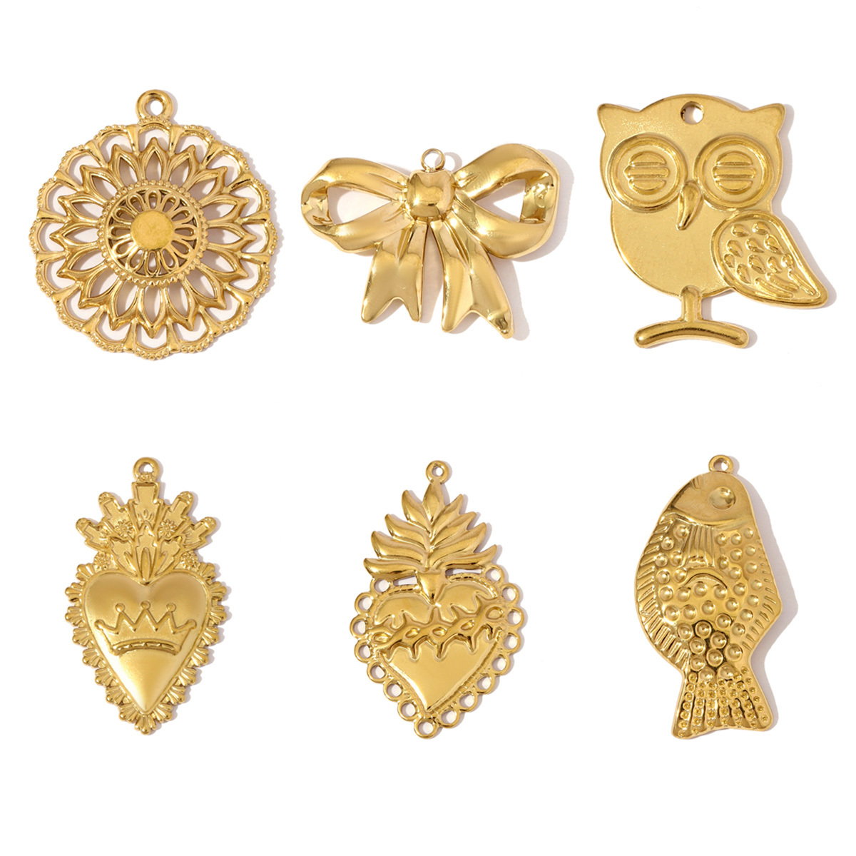 6pcs/pack Never Fade Stainless Steel Bowknot Owl Fish Necklace Pendants Crown Heart DIY Earring Charms Women Cat Flower Jewelry