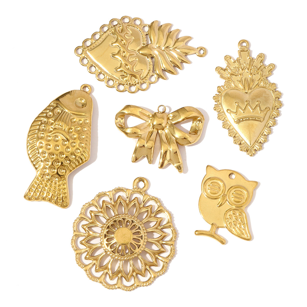 6pcs/pack Never Fade Stainless Steel Bowknot Owl Fish Necklace Pendants Crown Heart DIY Earring Charms Women Cat Flower Jewelry