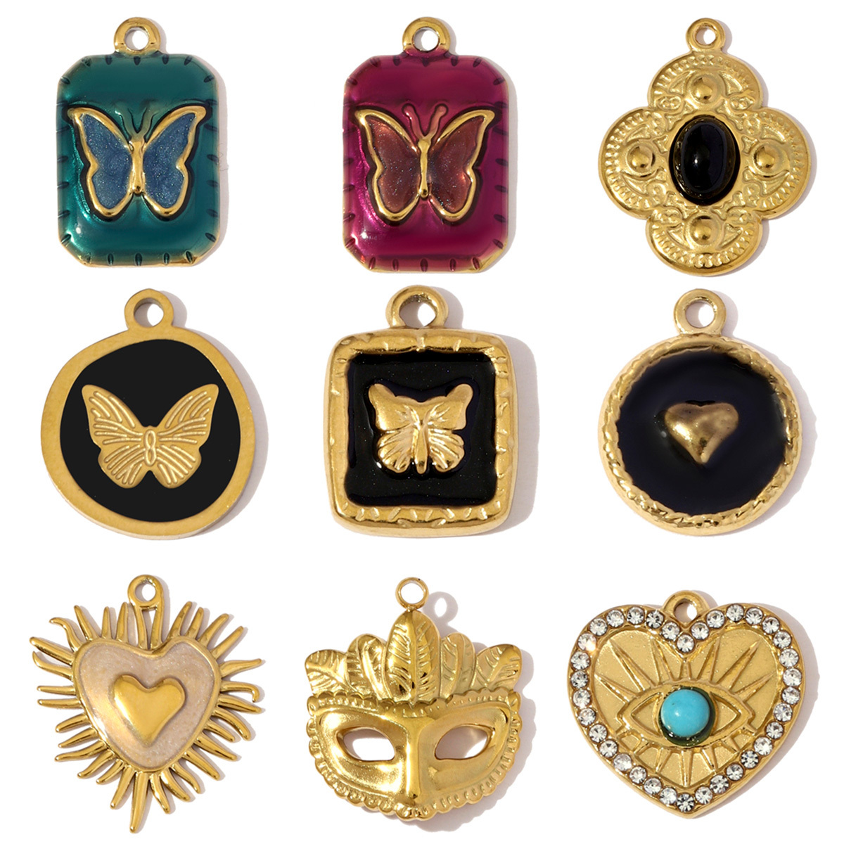 6pcs/pack French Retro Stainless Steel Butterfly Heart Necklace Pendants Flower Clover DIY Earring Charms Women Evil Eye Mask Jewelry