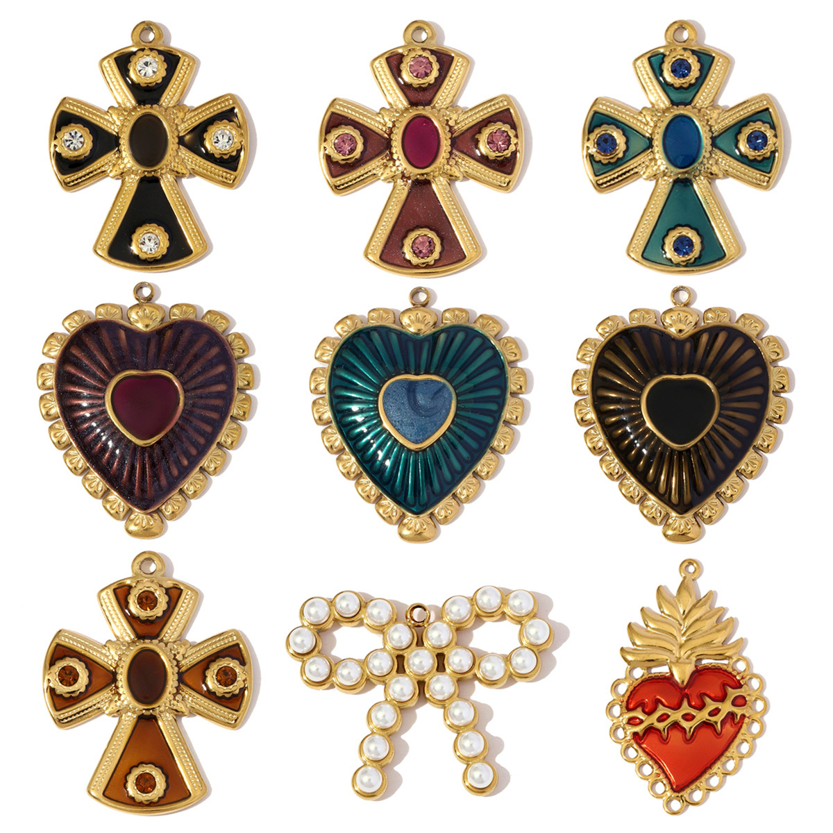 6pcs/pack Retro Big Stainless Steel Enamel Heart Necklace Pendants Rhinestone Cross DIY Earring Charms Women Pineapple Jewelry