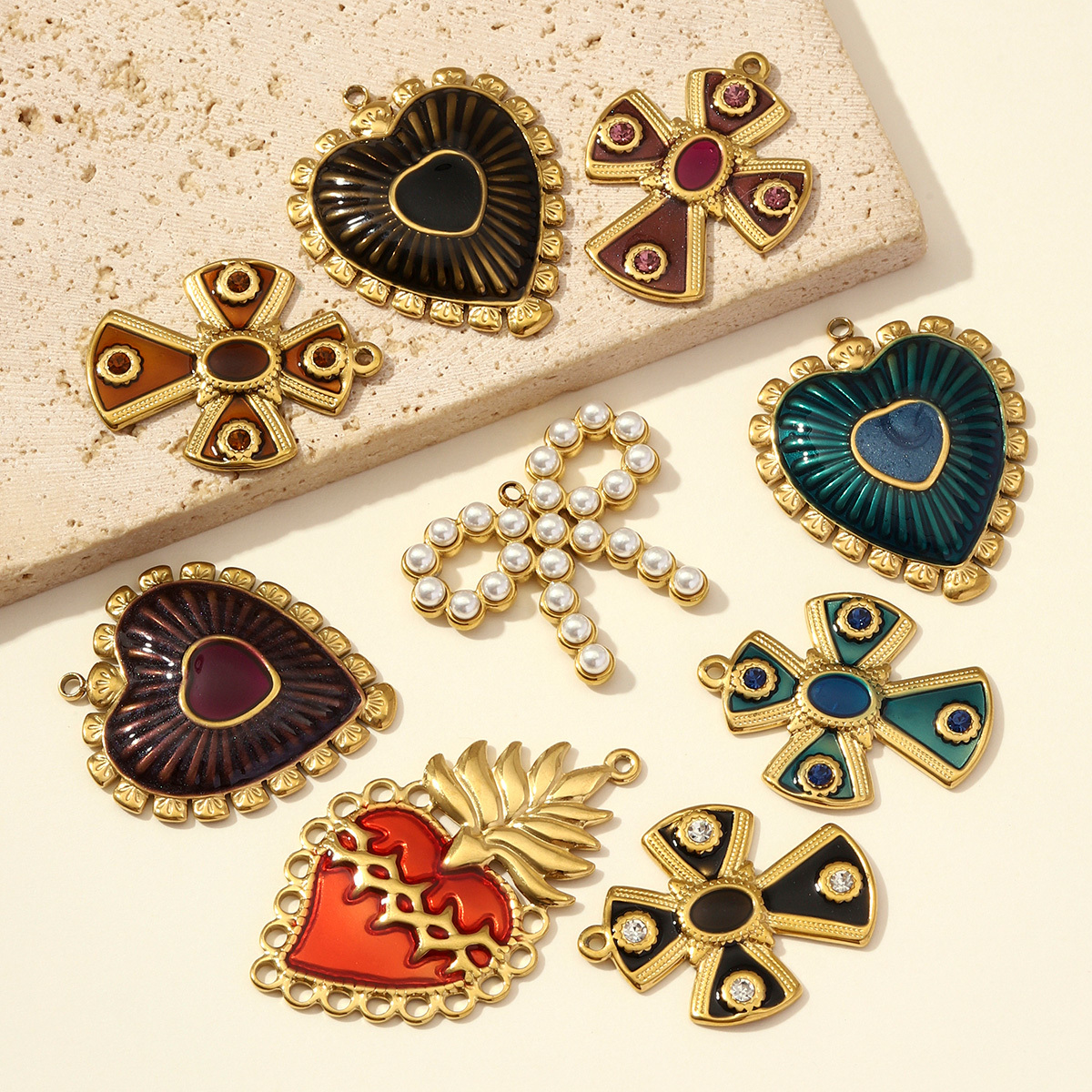 6pcs/pack Retro Big Stainless Steel Enamel Heart Necklace Pendants Rhinestone Cross DIY Earring Charms Women Pineapple Jewelry