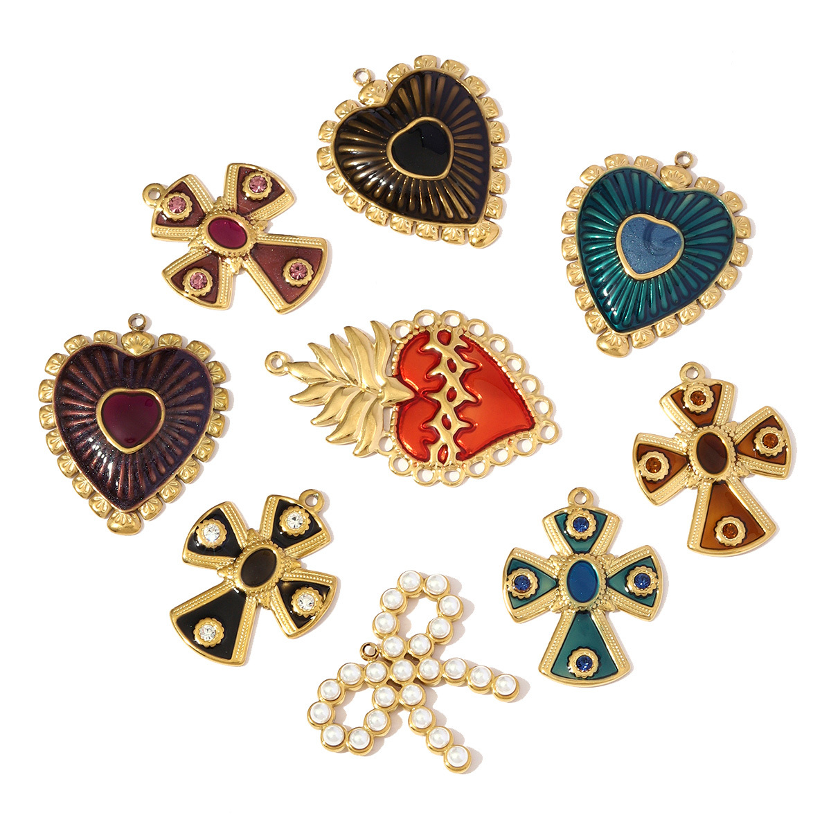 6pcs/pack Retro Big Stainless Steel Enamel Heart Necklace Pendants Rhinestone Cross DIY Earring Charms Women Pineapple Jewelry