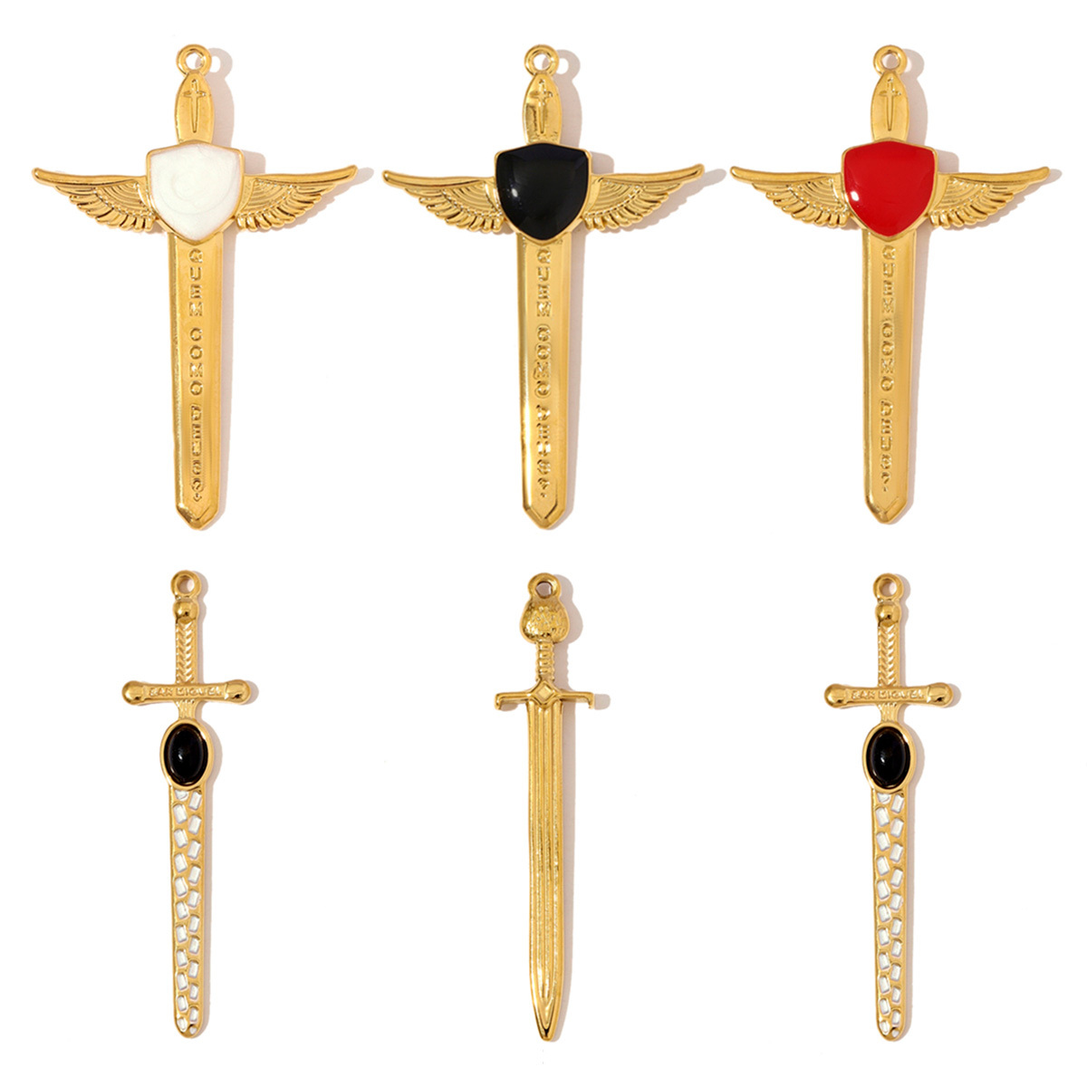 6pcs/pack Large Stainless Steel Sword Necklace Pendants Natural Stone Wing Cross DIY Charms Women Gold Never Fade Jewelry