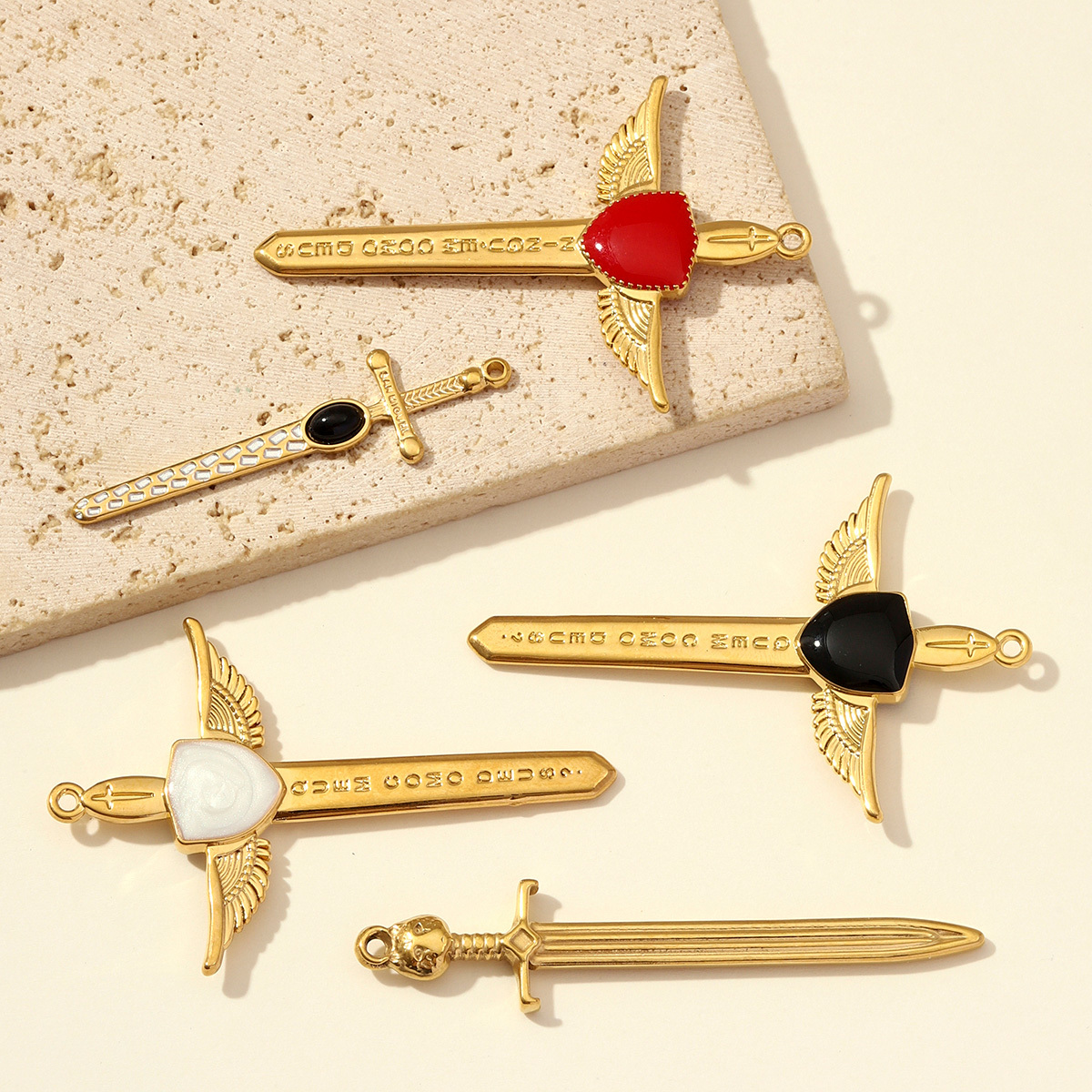 6pcs/pack Large Stainless Steel Sword Necklace Pendants Natural Stone Wing Cross DIY Charms Women Gold Never Fade Jewelry