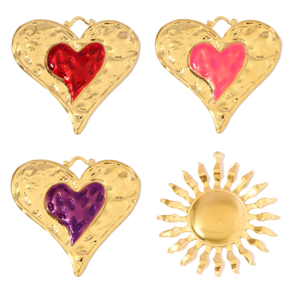 6pcs/pack French Retro Stainless Steel Enamel Big Love Heart Pendants Sun DIY Earring Charms Women Gold Never Fade Jewelry
