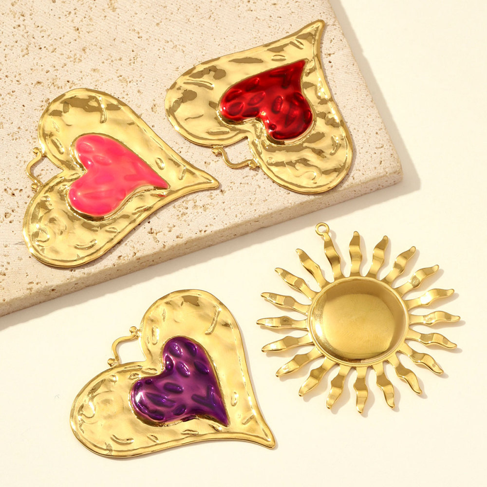 6pcs/pack French Retro Stainless Steel Enamel Big Love Heart Pendants Sun DIY Earring Charms Women Gold Never Fade Jewelry