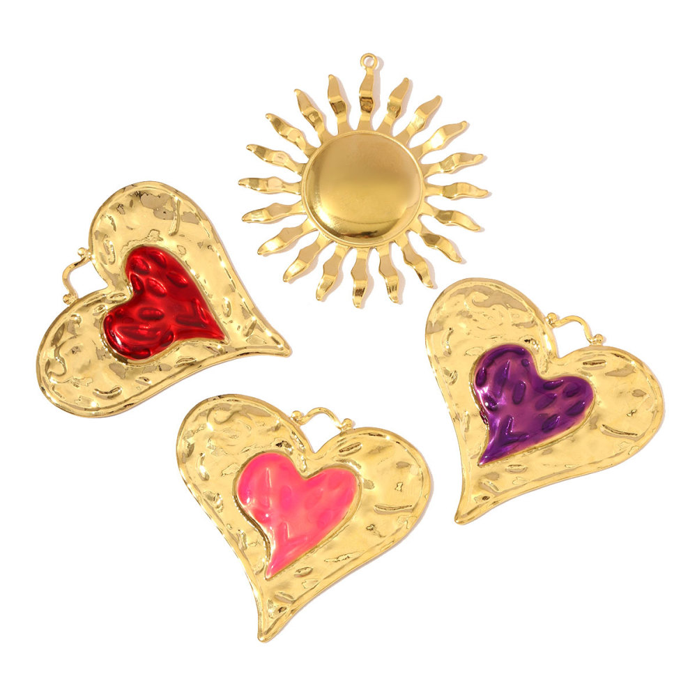 6pcs/pack French Retro Stainless Steel Enamel Big Love Heart Pendants Sun DIY Earring Charms Women Gold Never Fade Jewelry