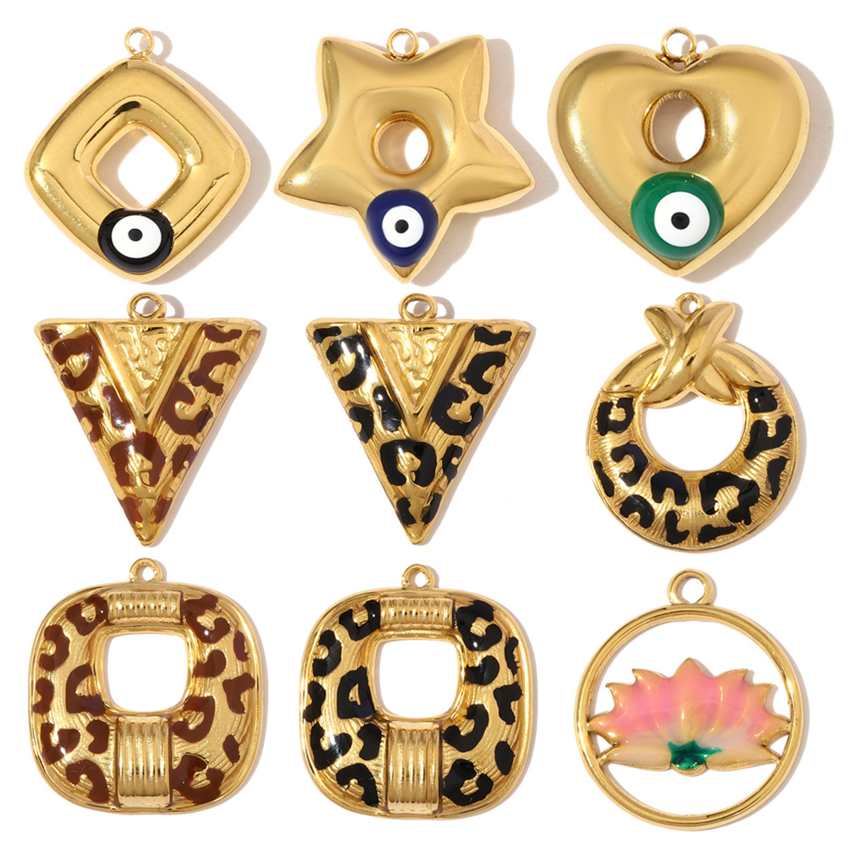 6pcs/pack Fashion Stainless Steel Enamel Lotus Eye Pendants Geometric Star Heart DIY Earring Charms Women Leopard Print Jewelry