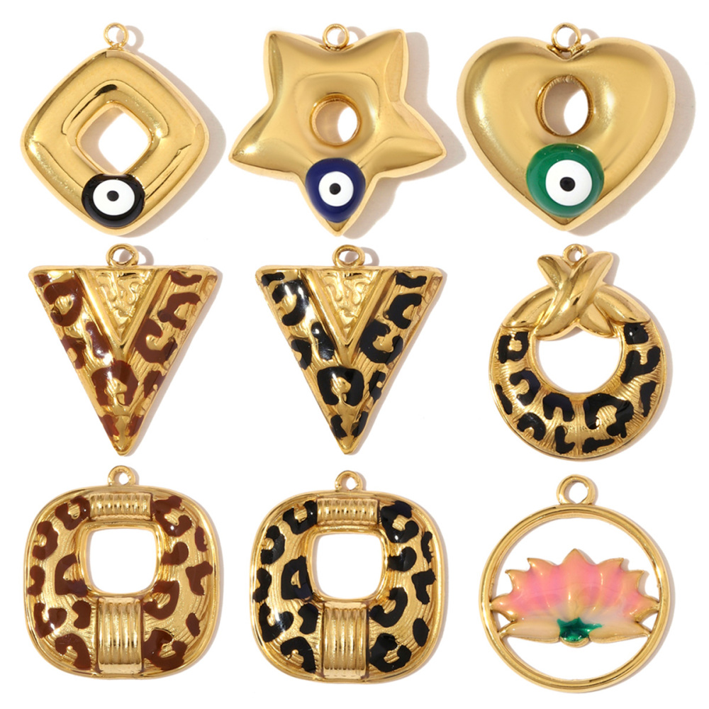 6pcs/pack Fashion Stainless Steel Enamel Lotus Eye Pendants Geometric Star Heart DIY Earring Charms Women Leopard Print Jewelry