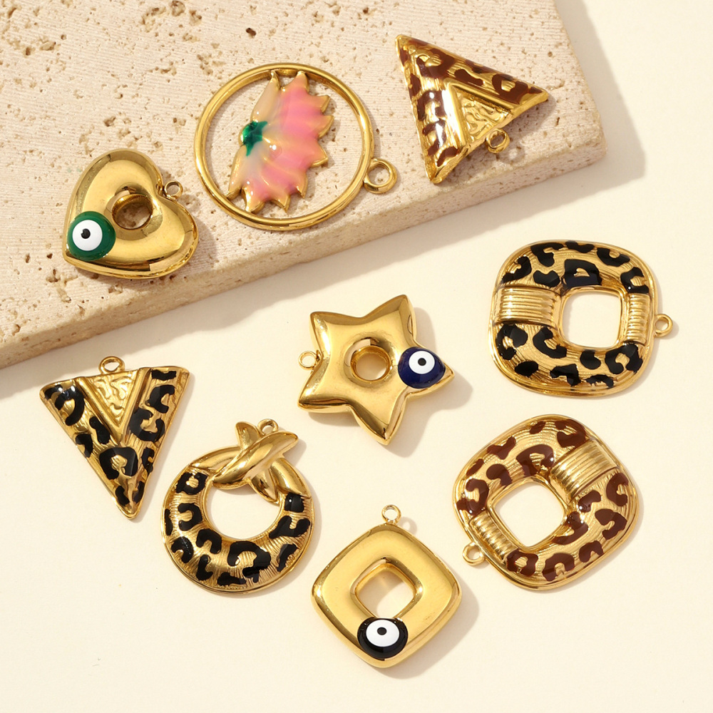 6pcs/pack Fashion Stainless Steel Enamel Lotus Eye Pendants Geometric Star Heart DIY Earring Charms Women Leopard Print Jewelry