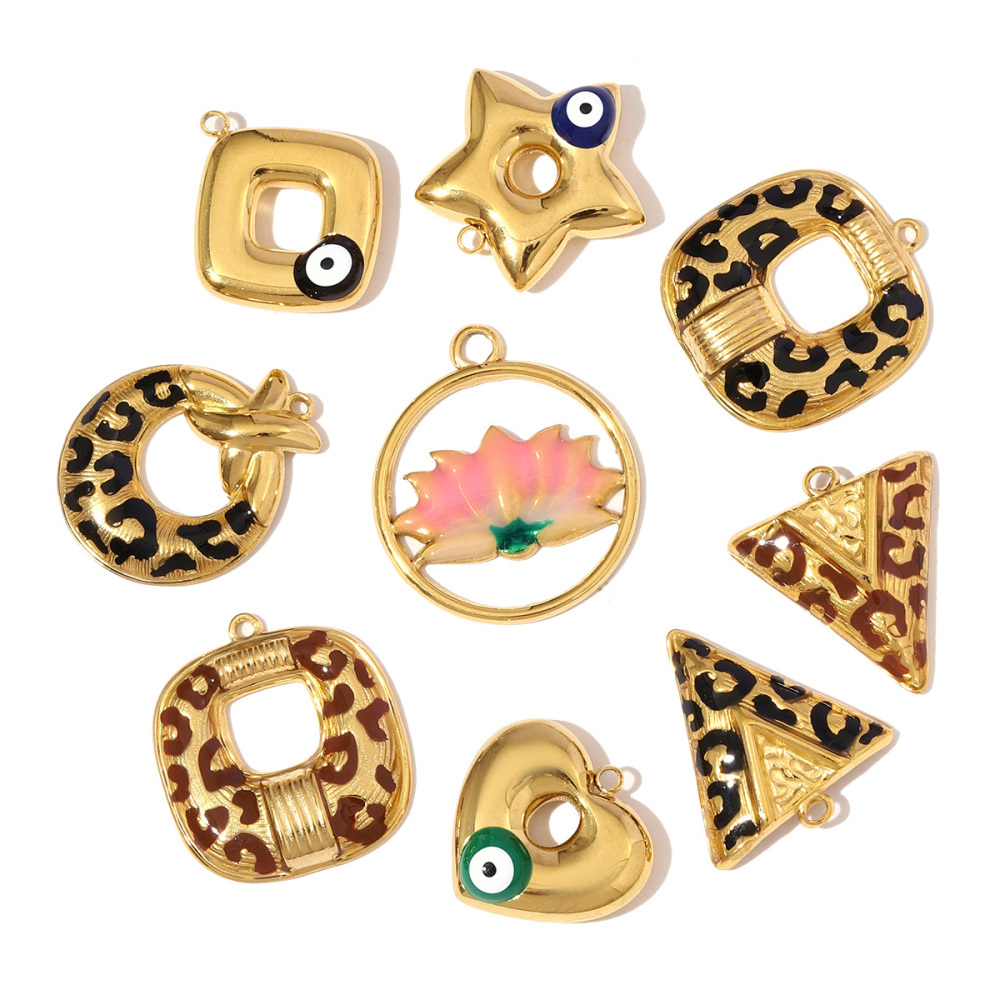 6pcs/pack Fashion Stainless Steel Enamel Lotus Eye Pendants Geometric Star Heart DIY Earring Charms Women Leopard Print Jewelry