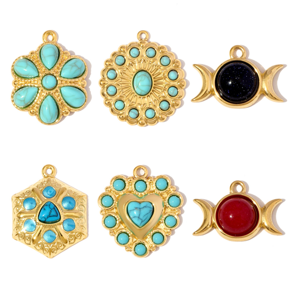 6pcs/pack Fashion Stainless Steel Natural Stone Red Agate Moon Sun Pendants Turquoise Geometric DIY Charms Women Flower Jewelry