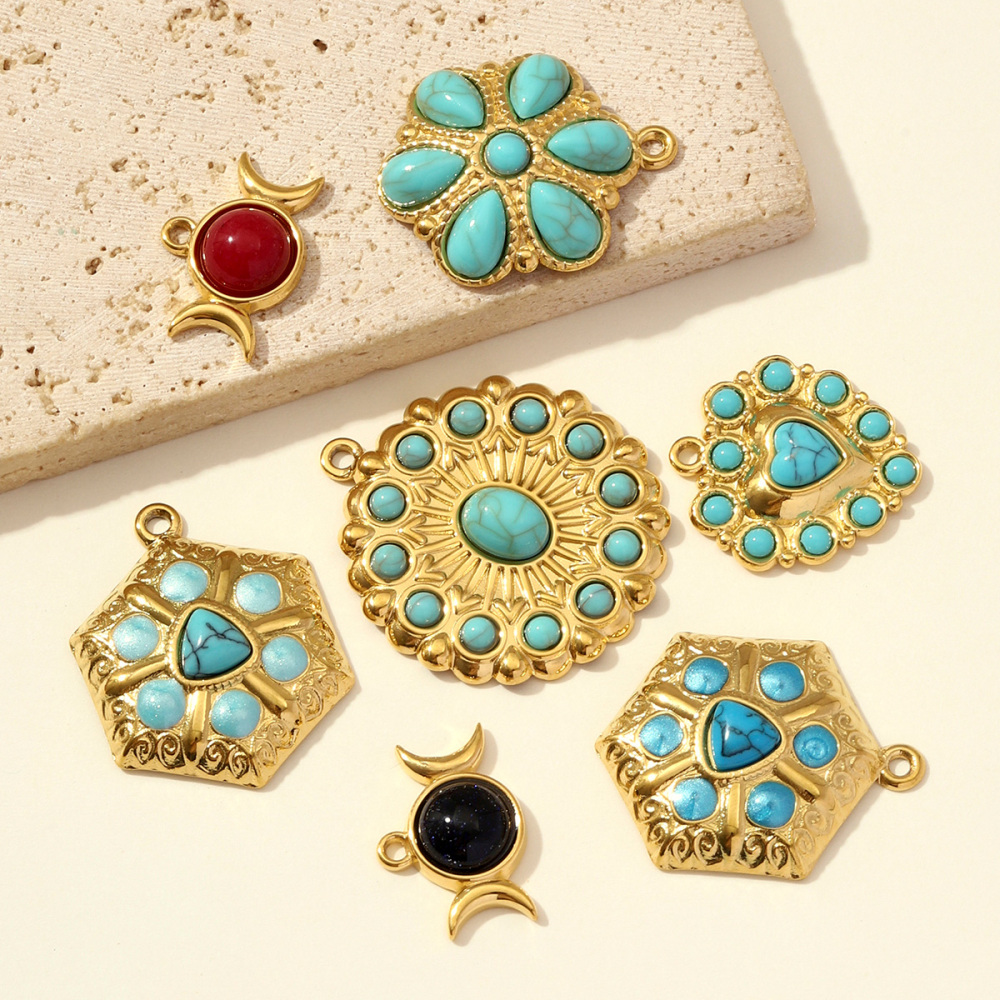 6pcs/pack Fashion Stainless Steel Natural Stone Red Agate Moon Sun Pendants Turquoise Geometric DIY Charms Women Flower Jewelry