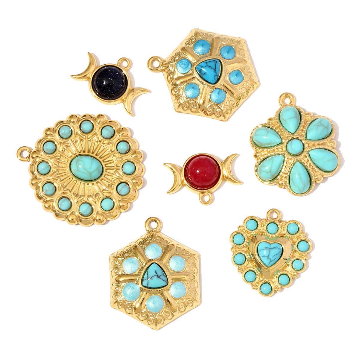 6pcs/pack Fashion Stainless Steel Natural Stone Red Agate Moon Sun Pendants Turquoise Geometric DIY Charms Women Flower Jewelry