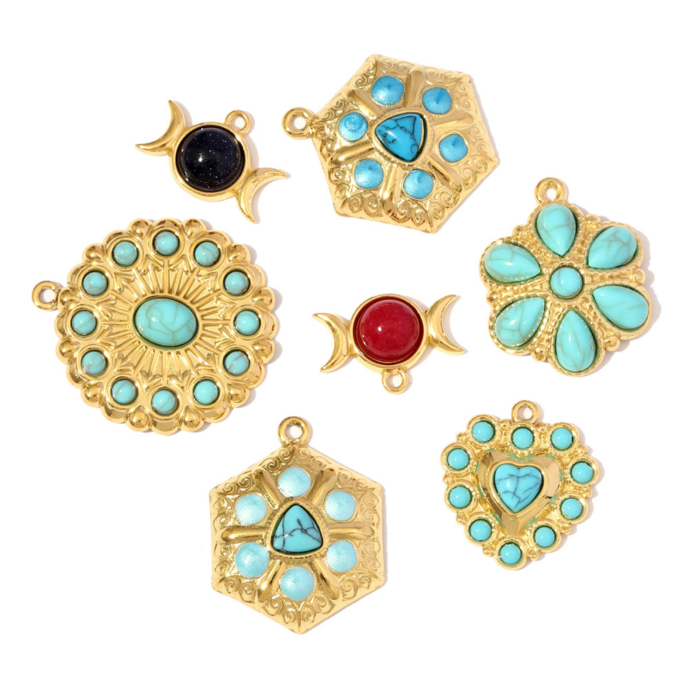 6pcs/pack Fashion Stainless Steel Natural Stone Red Agate Moon Sun Pendants Turquoise Geometric DIY Charms Women Flower Jewelry