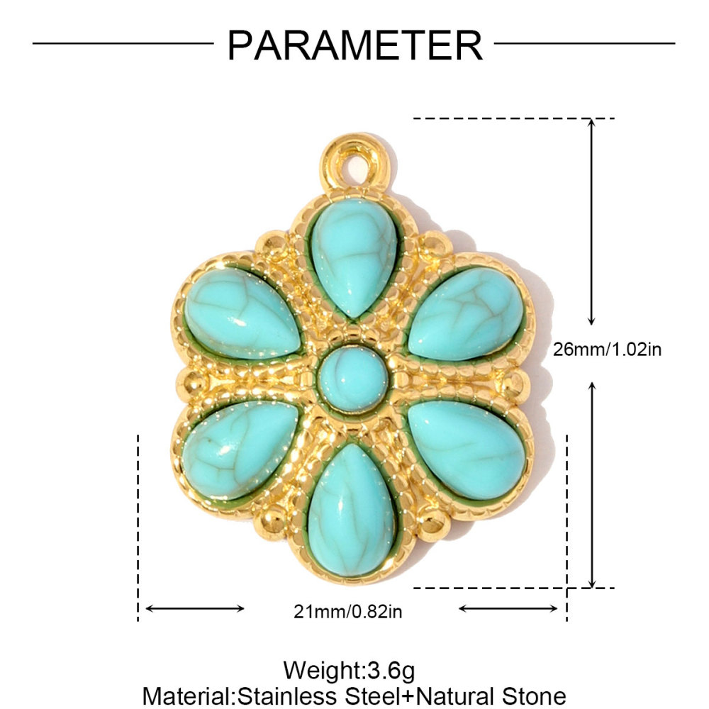 6pcs/pack Fashion Stainless Steel Natural Stone Red Agate Moon Sun Pendants Turquoise Geometric DIY Charms Women Flower Jewelry