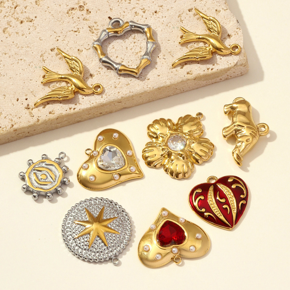 6pcs/pack Stainless Steel Rhinestone Sneakers Heart Pendants Swallow Elephant DIY Earring Charms Women Flower Sun Star Jewelry