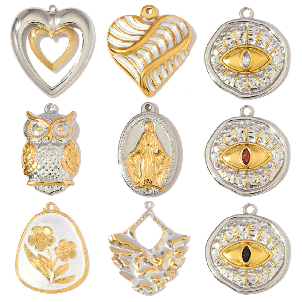 6pcs/pack Stainless Steel Rhinestone Evil Eye Holy Mother Pendants Flower Love Heart DIY Earring Charms Women Owl Round Jewelry