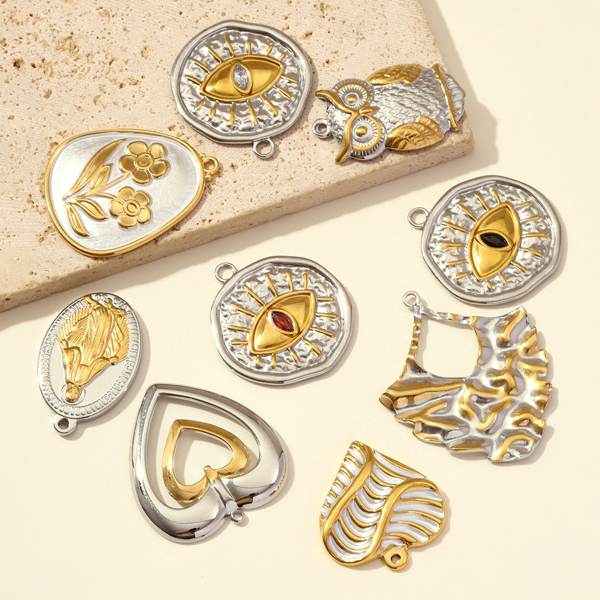 6pcs/pack Stainless Steel Rhinestone Evil Eye Holy Mother Pendants Flower Love Heart DIY Earring Charms Women Owl Round Jewelry