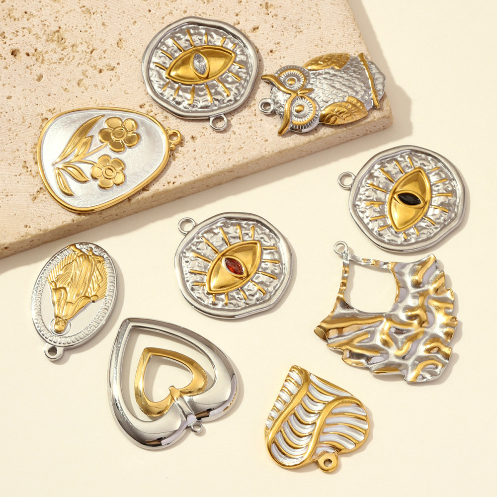 6pcs/pack Stainless Steel Rhinestone Evil Eye Holy Mother Pendants Flower Love Heart DIY Earring Charms Women Owl Round Jewelry