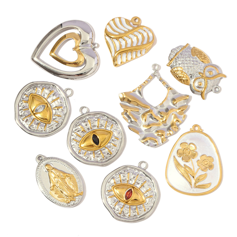 6pcs/pack Stainless Steel Rhinestone Evil Eye Holy Mother Pendants Flower Love Heart DIY Earring Charms Women Owl Round Jewelry