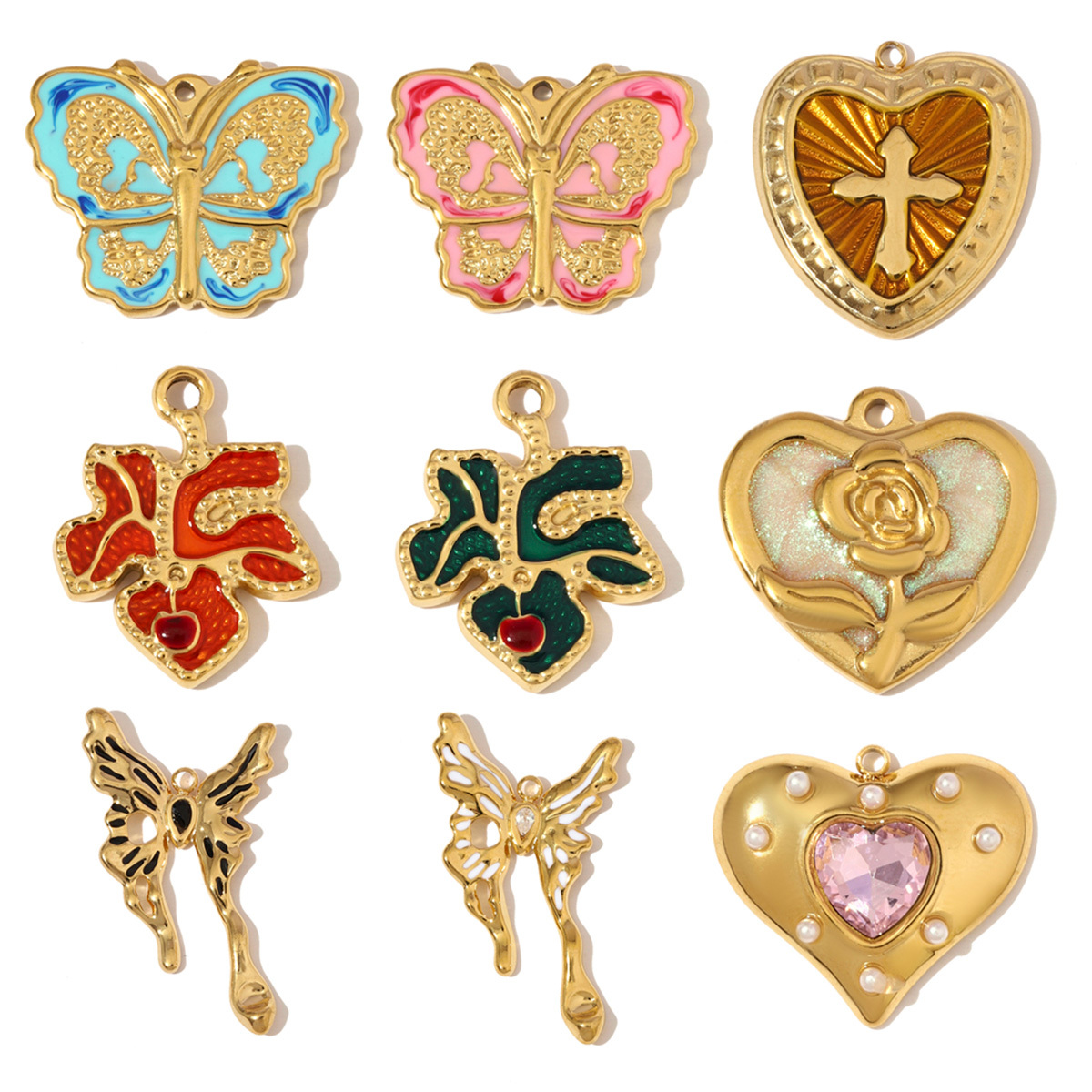 6pcs/pack French Retro Stainless Steel Rose Maple Leaf Pendants Love Heart Cross DIY Earring Charms Women Butterfly Flower Jewelry