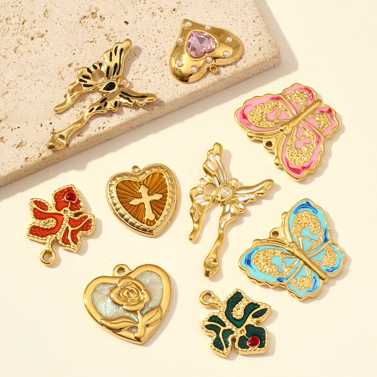6pcs/pack French Retro Stainless Steel Rose Maple Leaf Pendants Love Heart Cross DIY Earring Charms Women Butterfly Flower Jewelry