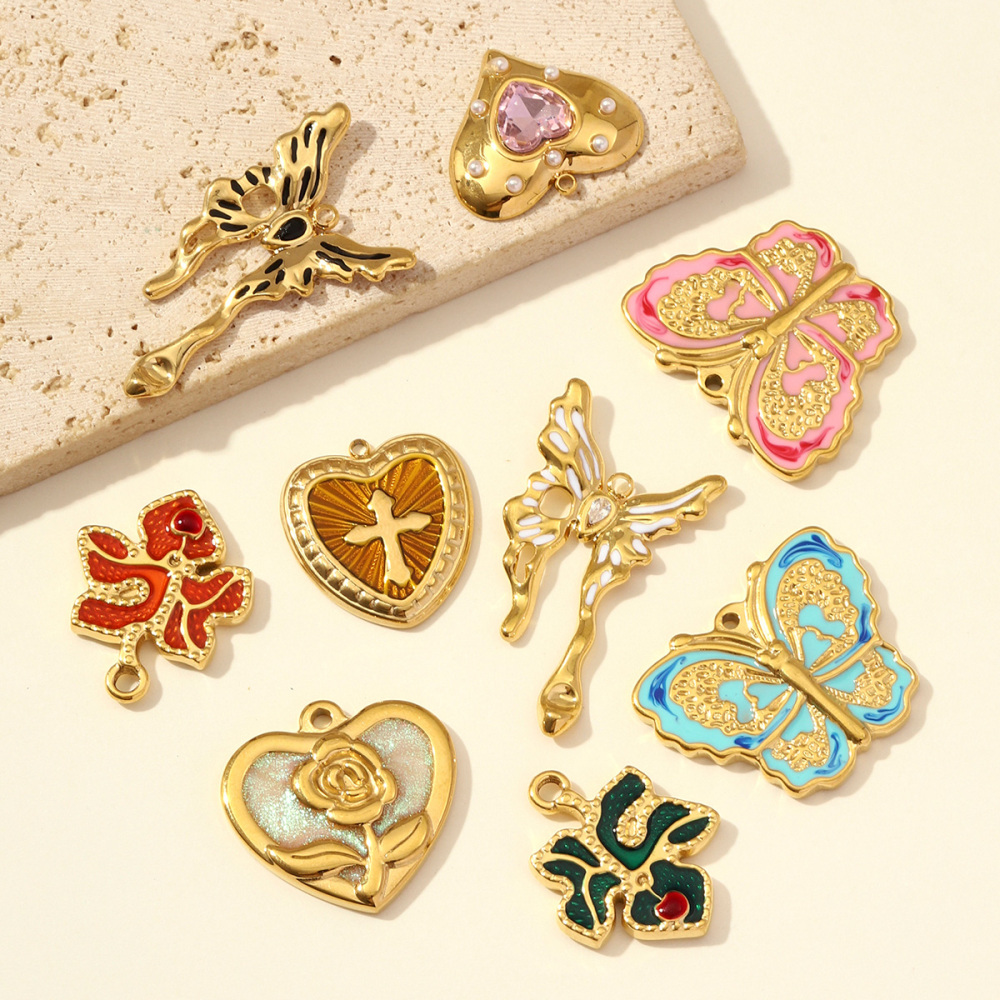 6pcs/pack French Retro Stainless Steel Rose Maple Leaf Pendants Love Heart Cross DIY Earring Charms Women Butterfly Flower Jewelry