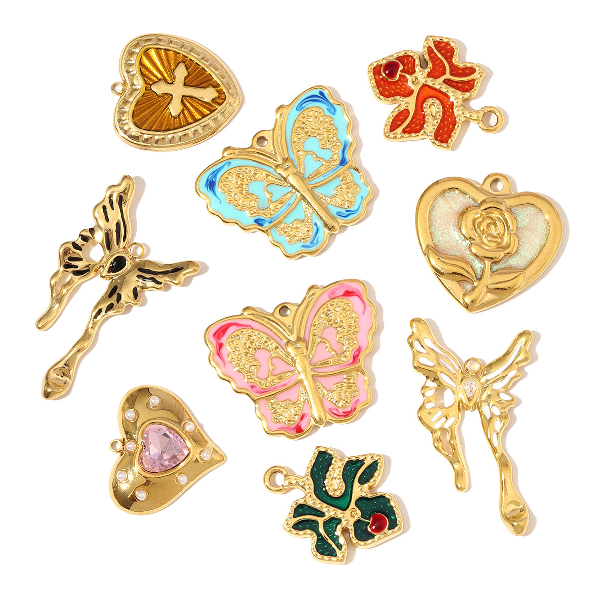 6pcs/pack French Retro Stainless Steel Rose Maple Leaf Pendants Love Heart Cross DIY Earring Charms Women Butterfly Flower Jewelry