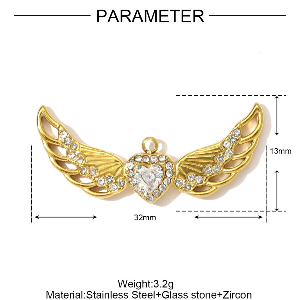 6pcs/pack Mirror Polish Stainless Steel Heart Angel Wing Necklace Pendant Rhinestone Heart Flower DIY Charm Women Geometric Jewelry