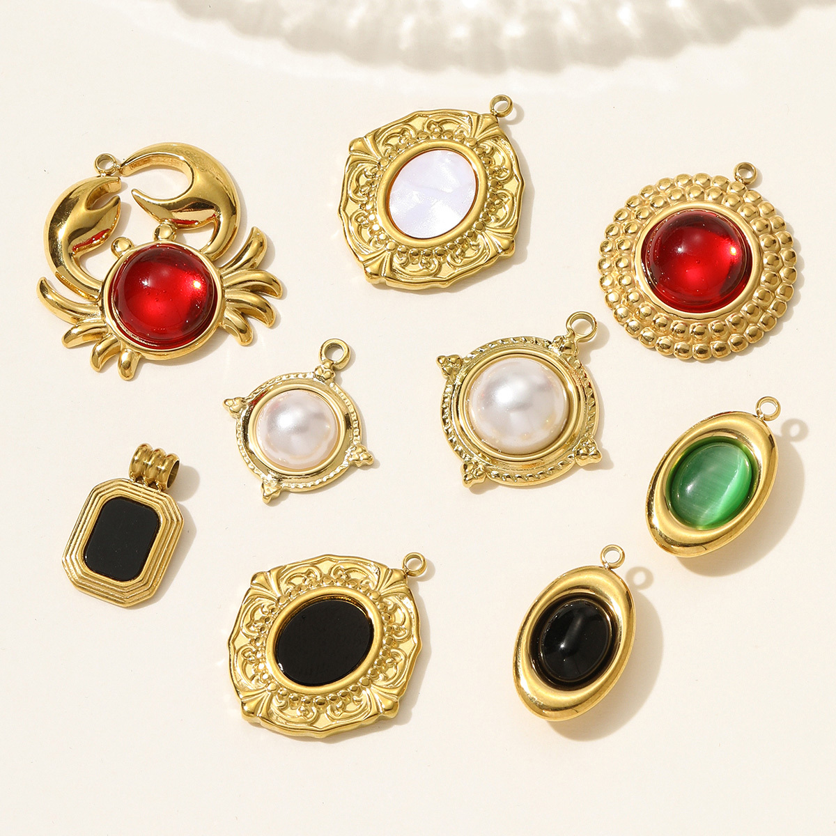 6pcs/pack Retro Stainless Steel Natural Stone Oval Round Necklace Pendant Red Agate Crab DIY Charm Women Geometric Jewelry