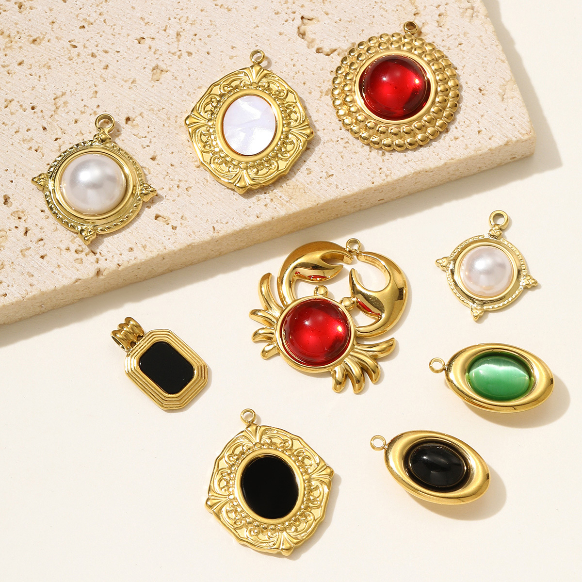 6pcs/pack Retro Stainless Steel Natural Stone Oval Round Necklace Pendant Red Agate Crab DIY Charm Women Geometric Jewelry