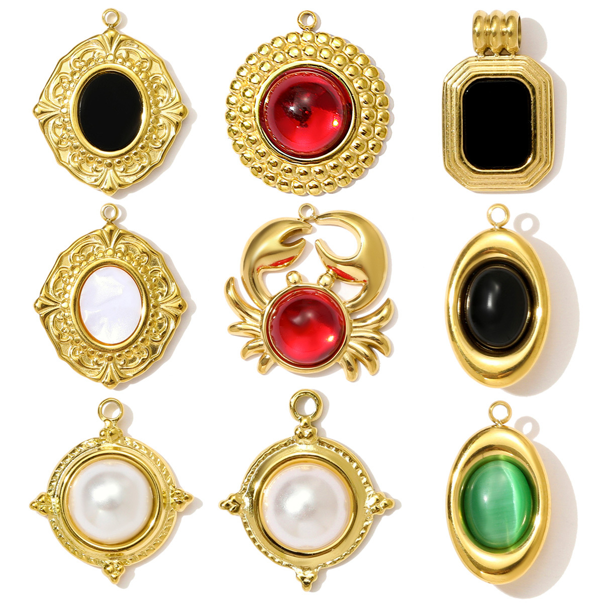 6pcs/pack Retro Stainless Steel Natural Stone Oval Round Necklace Pendant Red Agate Crab DIY Charm Women Geometric Jewelry