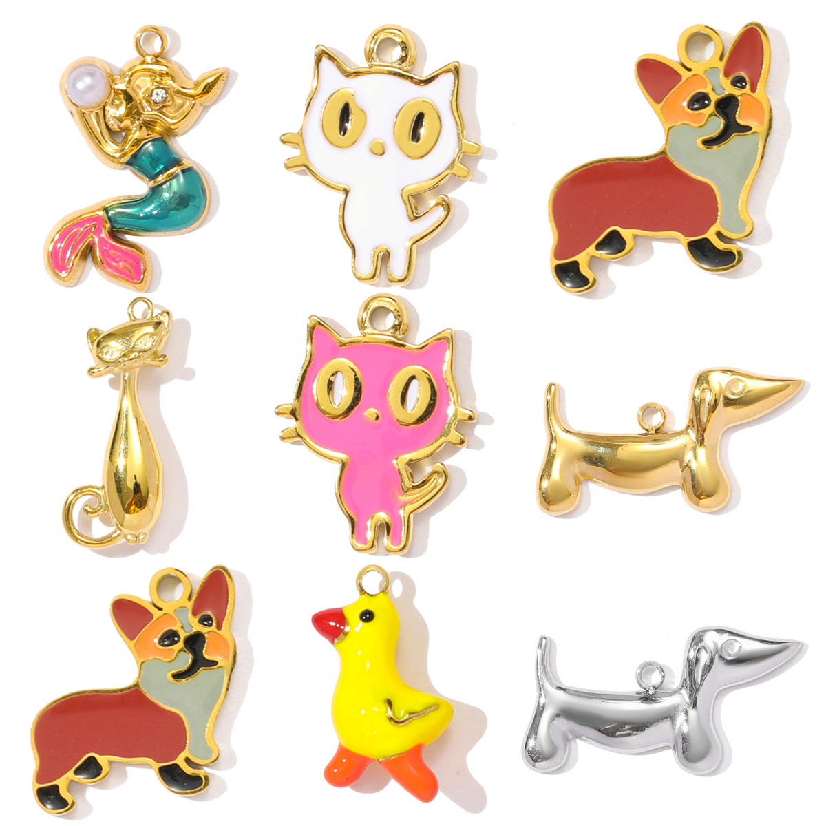 6pcs/pack Fashion Stainless Steel Enamel Kirky Sausage Dog Necklace Pendant Cat Mermaid DIY Earring Charm Women Animal Jewelry