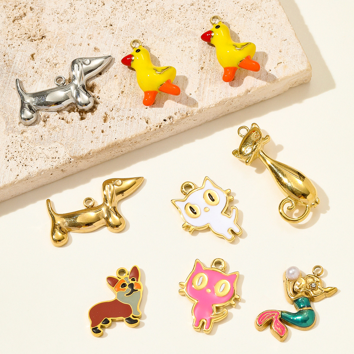 6pcs/pack Fashion Stainless Steel Enamel Kirky Sausage Dog Necklace Pendant Cat Mermaid DIY Earring Charm Women Animal Jewelry