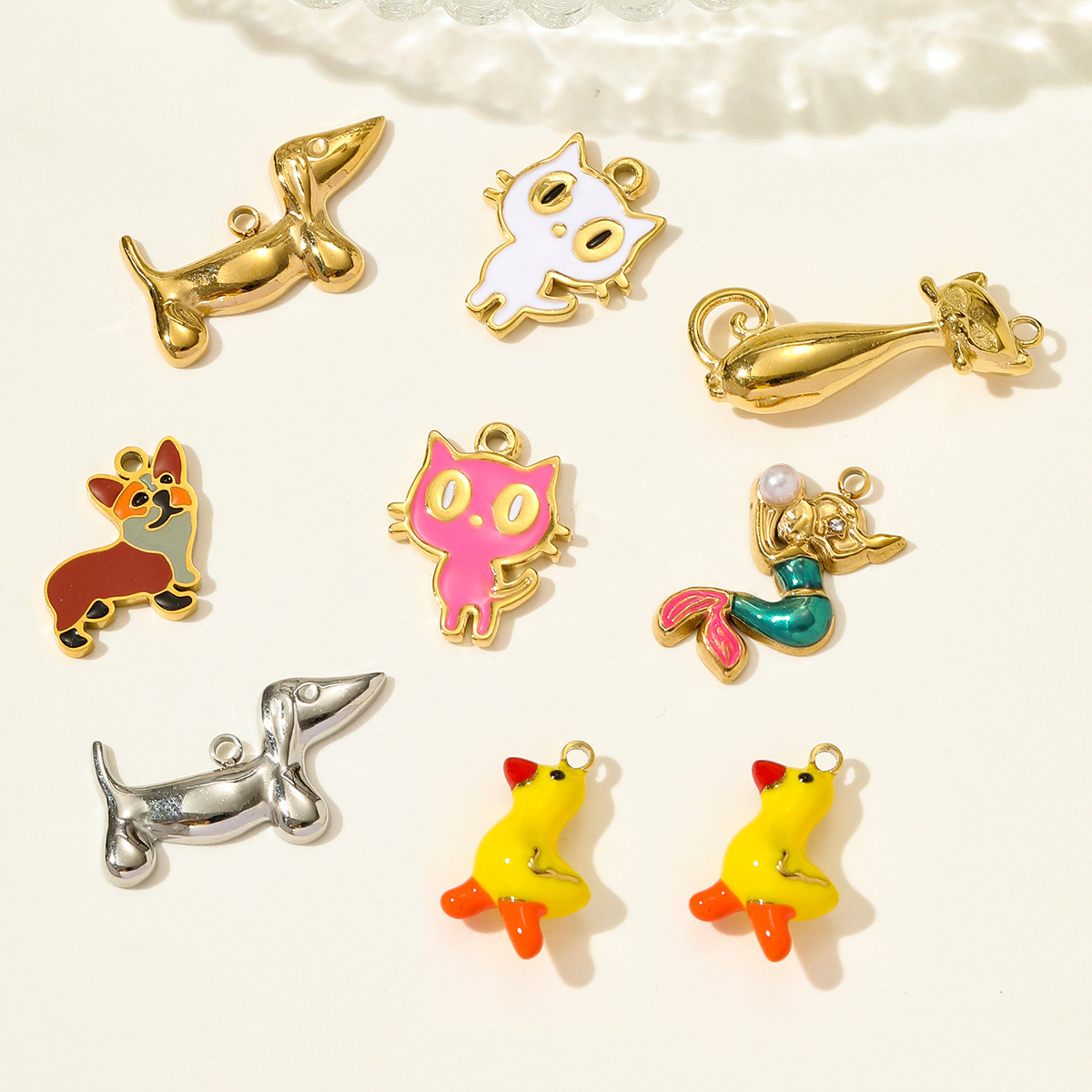 6pcs/pack Fashion Stainless Steel Enamel Kirky Sausage Dog Necklace Pendant Cat Mermaid DIY Earring Charm Women Animal Jewelry